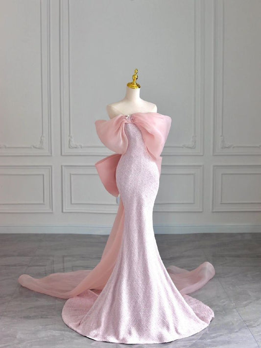 Robe de soirée longue rose élégante en tulle coupe ajustée style sirène nv3252