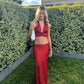 Elegant Red V-neck Suspender Waist-baring Two-piece Suit Long Ball Gown Evening Gown Party Dress nv2308