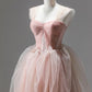 A-Line Pink Sweet Cute Corset Long Tulle Ball Gown Evening Dress with Ruffles Elegant nv2724