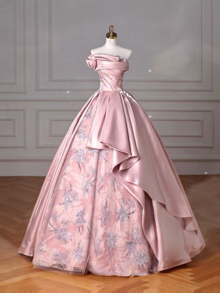 Robe de soirée longue à fleurs élégante sans bretelles rose nv3327