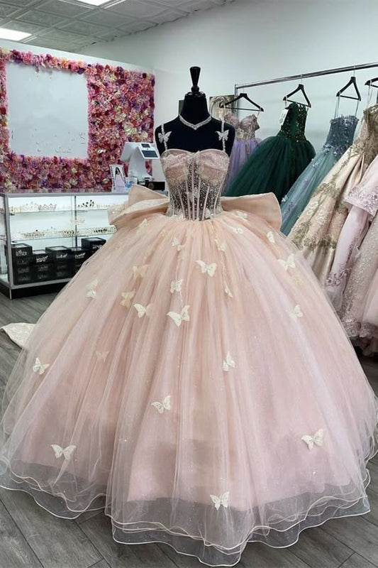 pink butterfly tulle beaded quince RA dress evening ball gown nv2685