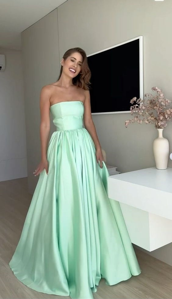 Green simple elegant A-line tube top long dress prom dress evening dress party dress nv2504