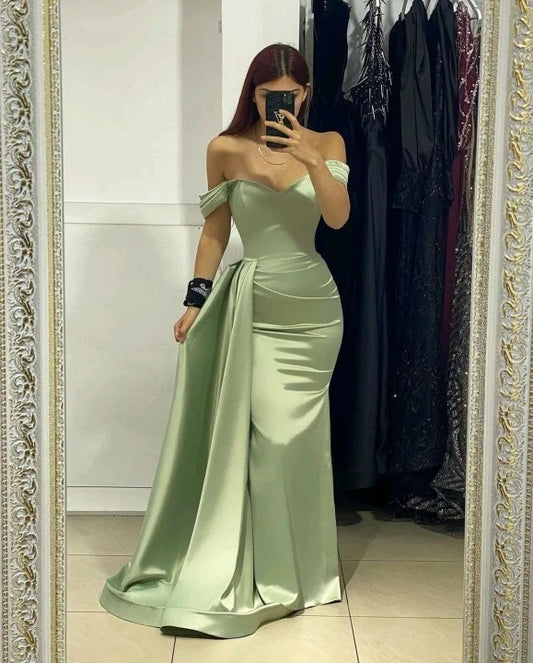 Simple Sage Green Off the Shoulder Sleeveless Mermaid Prom Dress nv1612