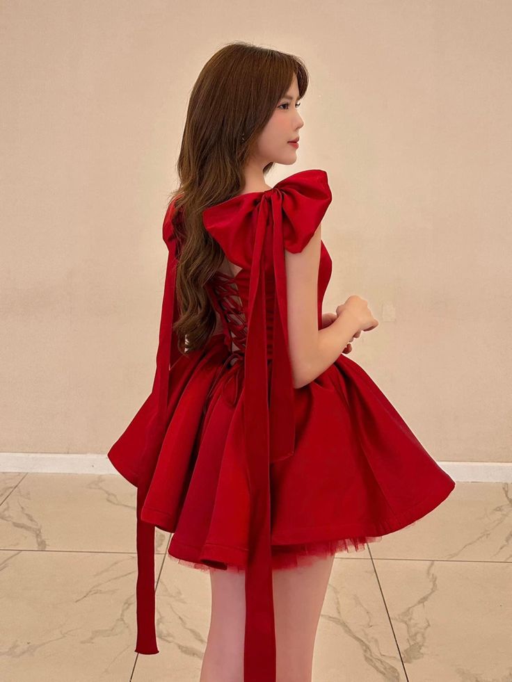 Burgundy Bowknot Shoulder Straps Fashion Cute Short Satin Homecoming Dress Birthday/Holiday Party Dress nv3081