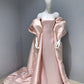 Pink Simple Elegant Long Satin Leather Cape Style Ball Gown Evening Dress nv3075