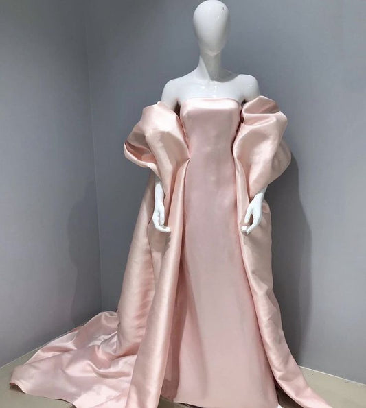 Pink Simple Elegant Long Satin Leather Cape Style Ball Gown Evening Dress nv3075