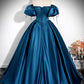 Peacock Blue A-line Puff Sleeve Satin Long Ball Gown Evening Dress nv2042