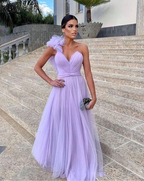 Light purple A-line floor-length tulle long ball gown evening gown bridal shower guest dress bridesmaid dress nv11