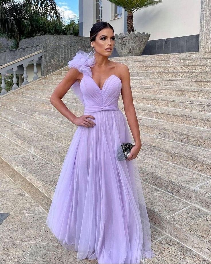 Light purple A-line floor-length tulle long ball gown evening gown bridesmaid dress nv11