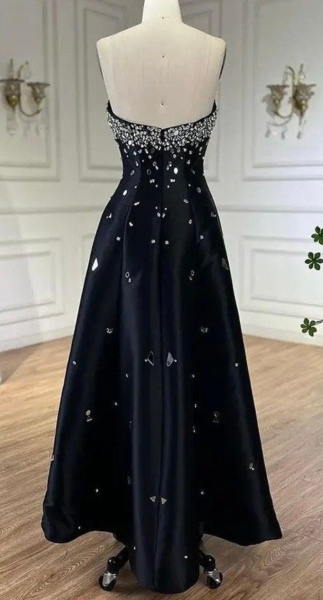 Black Shiny Elegant Crystal Mirror Decoration Off Shoulder A-Line Long Satin Ball Gown Evening Dress nv3158