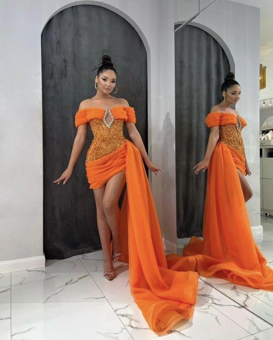 Orange Fashion Elegant Noble Princess Short Sleeve Sequin Shiny Short Mini Ball Gown Evening Dress Party Dress nv2520