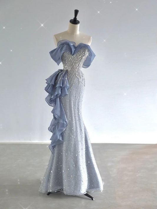 Robe de soirée longue en tulle bleu brillant à paillettes et perles, style sirène, élégante et fine, nv3251