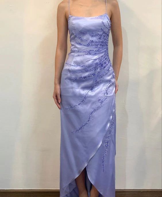 Purple Slit A-Line Spaghetti Strap Long Ball Gown Evening Dress nv2802