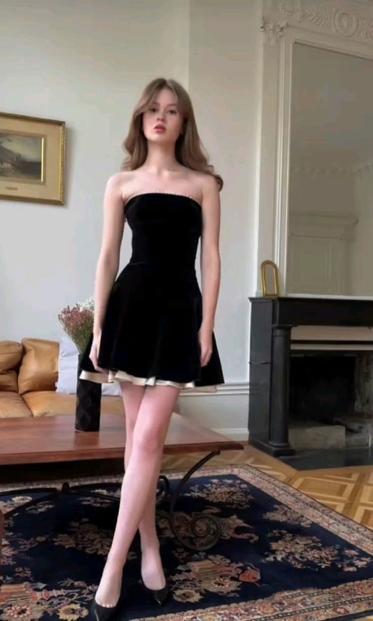 Simple Sleeveless Elegant Short Velvet Splicing Ruched Strapless Mini Dress Party Dress Evening Dress Ball Gown nv1786