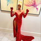 Red/Pink Shiny Sequins Elegant V-Neck Long Slit Sexy Ball Gown Evening Dress Party Dress With Gloves nv3241