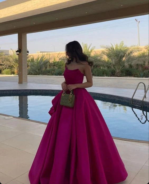 Robe de soirée longue en satin fuchsia sans manches, simple et élégante, coupe trapèze, nv2341