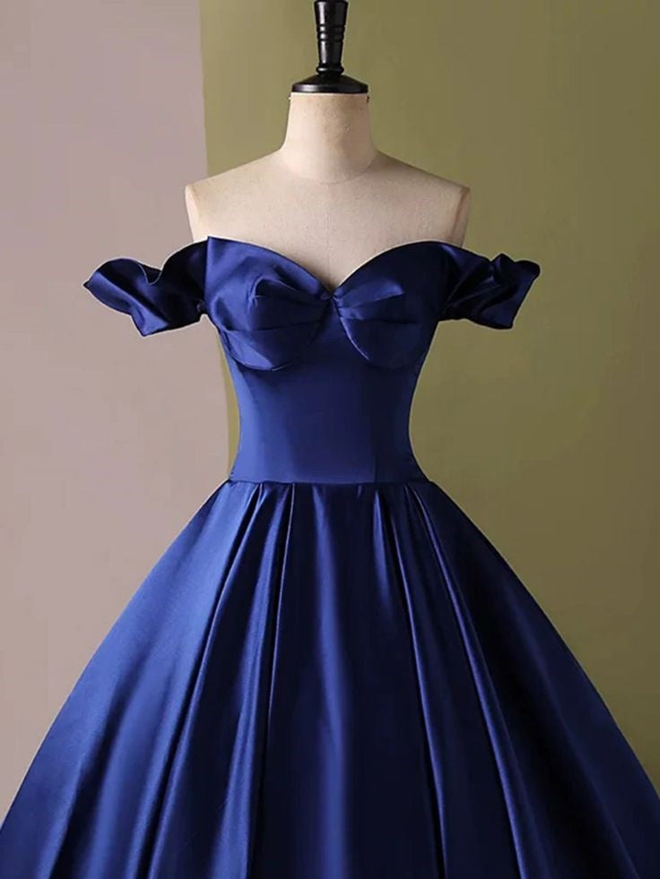 Robe de soirée longue en satin bleu sans bretelles, élégante et simple, coupe A, nv3248