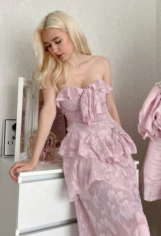 Robe de soirée longue en dentelle rose douce et élégante avec haut tube et robe de bal de princesse nv3286