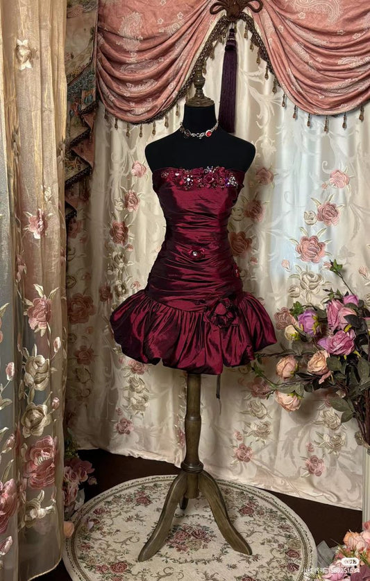 Robe de soirée en satin rouge vintage exquise avec perles magnifiques et florales, robe de bal courte, robe de soirée, robe de soirée nv3312