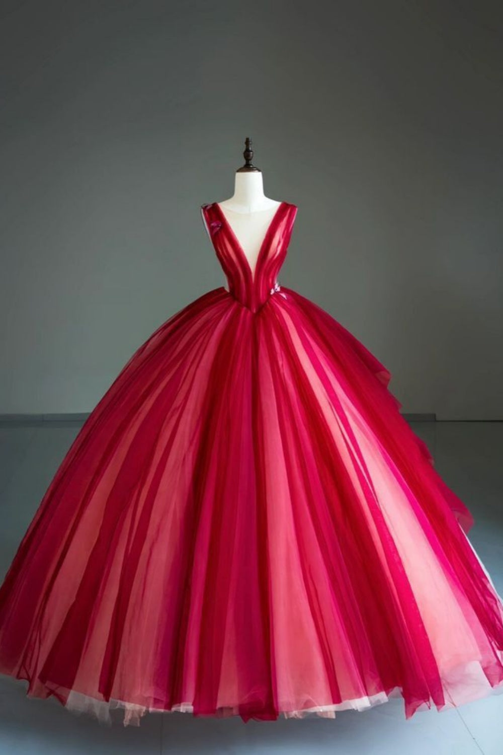 Red deep V neck fashion unique long tulle ball gown evening dress nv3154