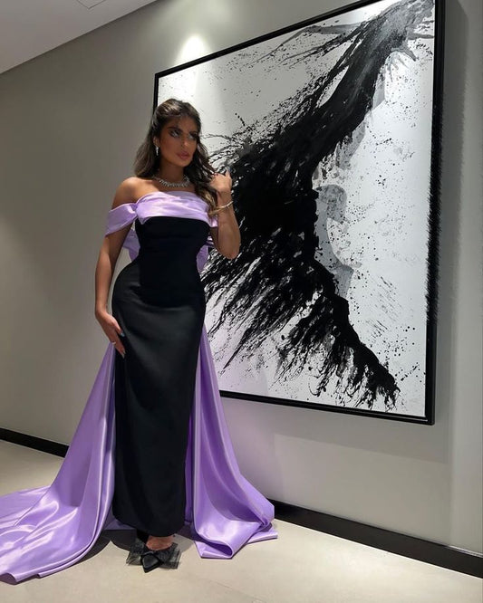 Black contrast purple ribbon long satin floor-length ball gown evening dress nv2739