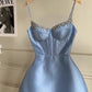 Light Blue/White Elegant Rhinestone Decorated Sweetheart Neck Spaghetti Strap Short Satin Homecoming Dress Party Gown nv3061