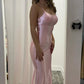 Pink Mermaid Scoop Neck Satin Prom Dress Strapless Straps Sleeveless Criss Cross Straps Long Prom Dress with Train nv1592