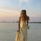 Yellow stylish elegant two-piece long satin ball gown evening dress seaside holiday party dress nv3596