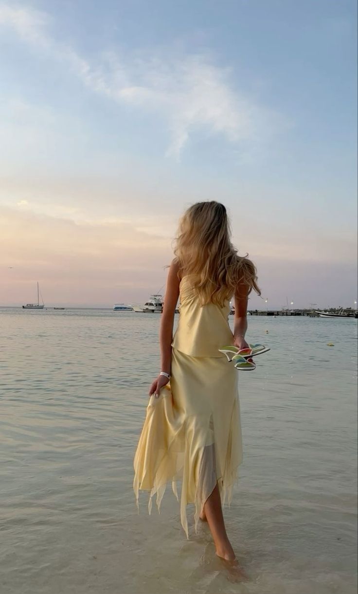 Yellow stylish elegant two-piece long satin ball gown evening dress seaside holiday party dress nv3596