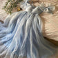 Blue sweet elegant short sleeve tulle short rhinestone embellished homecoming dress party dress nv3002