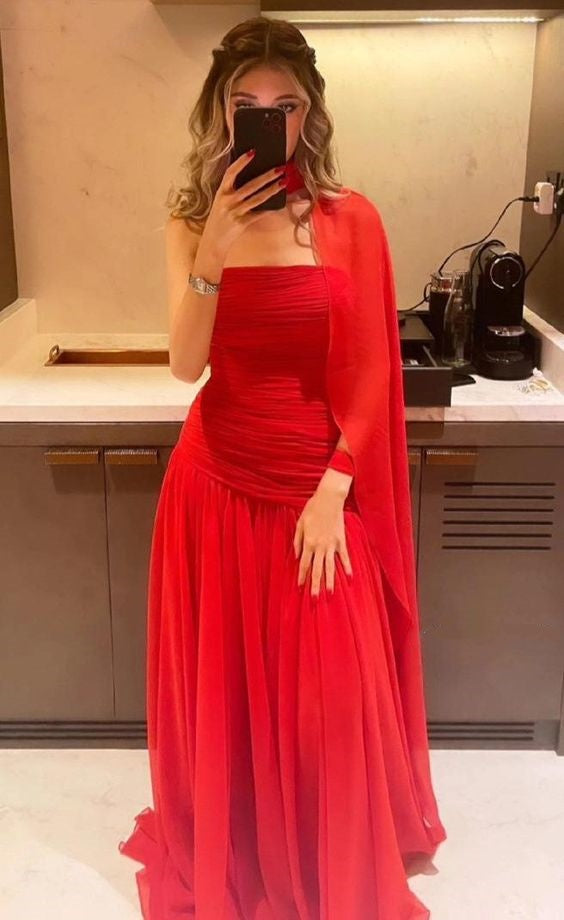 Red Fashion Slim Strapless Off-shoulder Long Ball Gown Evening Dress Party Dress With Ribbon nv2468