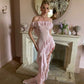 Pink Chiffon Ruffle Slit Beach Style Midi Evening Dress Ball Gown Party Dress nv1963