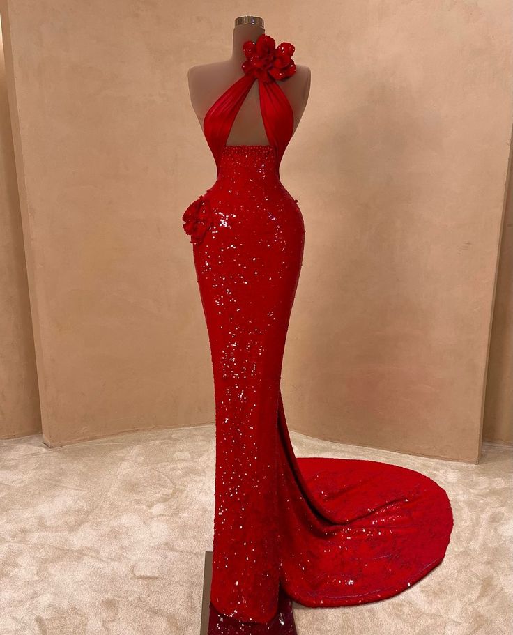 Robe de soirée longue et sexy à paillettes rouges brillantes, col en V, fleurs tridimensionnelles, élégante, traînante, nv3275