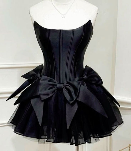 Black Simple Cute Tube Top Short Mini Satin Bow Decorated Evening Dress Homecoming Dress Party Dress nv2755