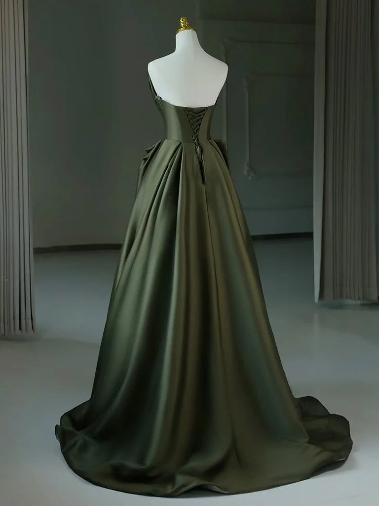 A-Line V Neck Satin Green Long Prom Dress, Green Long Evening Dress nv1604