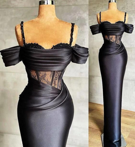 Black Fashion Elegant Spaghetti Strap Lace Satin Long Ball Gown Evening Dress Party Dress nv3135