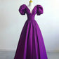 Purple Satin A-line Short Sleeve Long Evening Gown Ball Gown nv2940