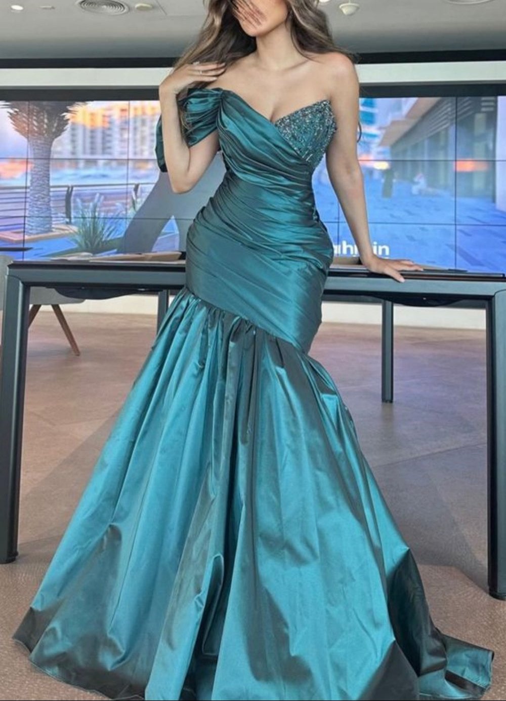 Blue charming elegant sweetheart neckline sequined long satin slim mermaid fishtail skirt ball gown evening dress nv3173