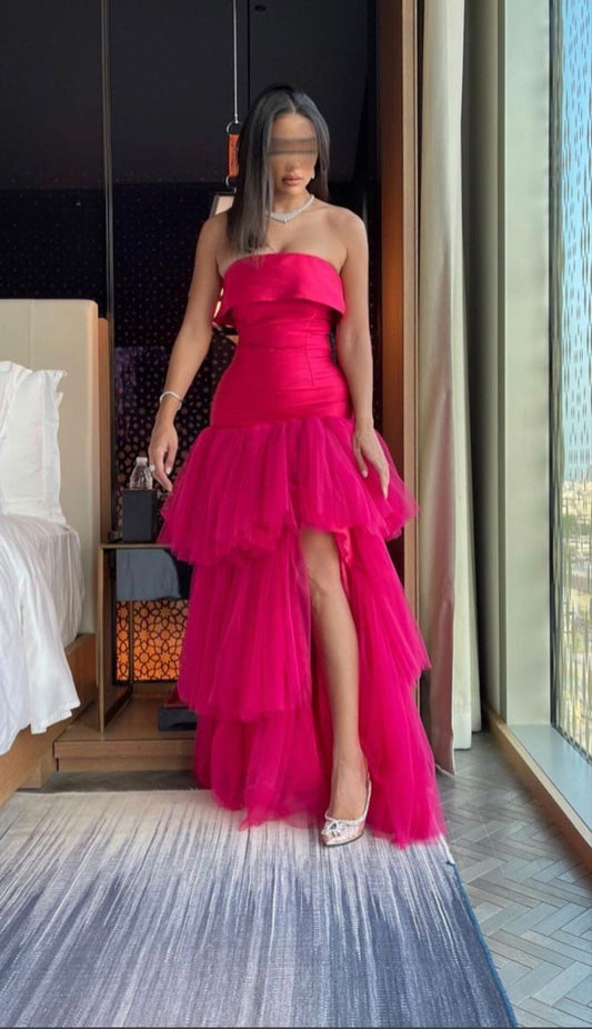 Hot Pink Elegant Charming Cute Sweetheart A-Line Off-the-shoulder Ball Gown Layered Tulle Long Slit Formal Dress Prom Dress Evening Dress Party Dress nv2501