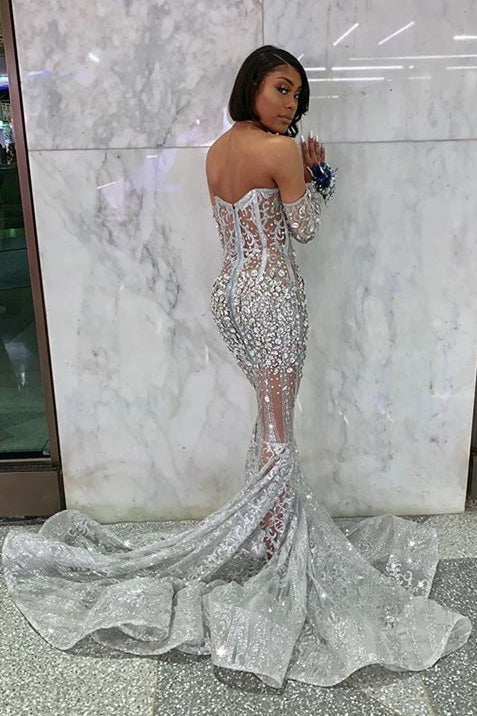 Silver Long Sleeve Off Shoulder Sequin Long Evening Dress Ball Gown Mermaid Slim Sexy Beaded Crystal nv3116