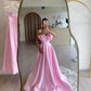 Pink Bow Simple Long Ball Gown Evening Dress Wedding/Birthday Party Dress A-Line Off Shoulder Sleeveless Satin Women's Dress nv3054