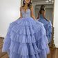 A-Line V Neck Tulle Lace Blue Long Prom Dress, Blue Long Formal Dress nv1500