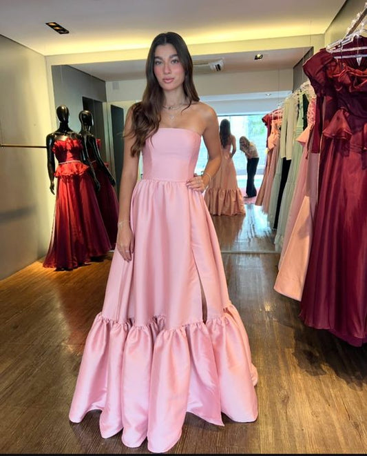 Pink Simple Elegant Strapless Off-shoulder Long Ball Gown Evening Gown Party Dress nv2451