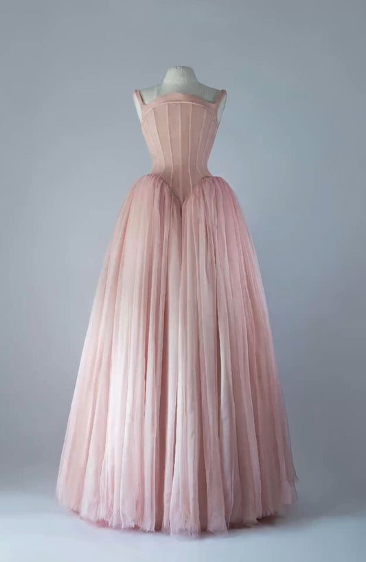 Pink Vintage Simple Tulle Elegant Corset Long Ball Gown Evening Dress Maxi Dress nv2723