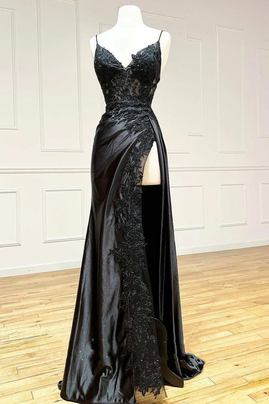 Black Appliques V-Neck Lace-Up Prom Gown with Slit Evening Dresses nv1560