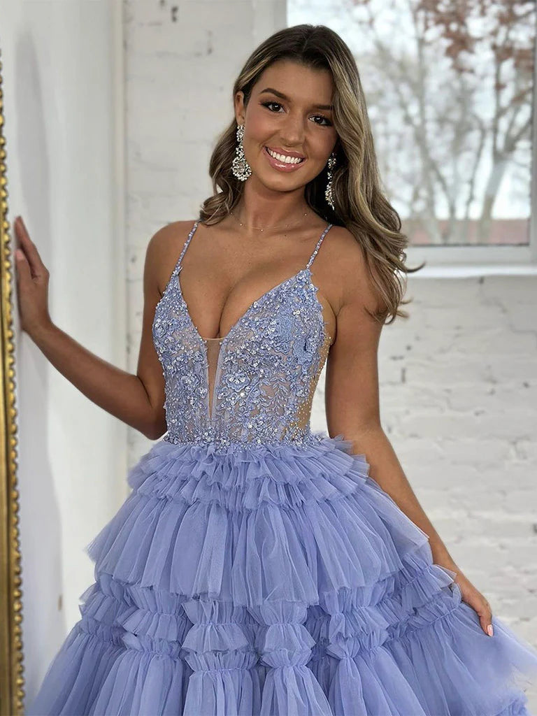 A-Line V Neck Tulle Lace Blue Long Prom Dress, Blue Long Formal Dress nv1500