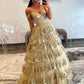 Gold A-Line Tulle Gold Sequin Long Prom Dress, Gold Long Evening Dress nv1497