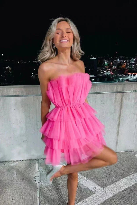 Pink Off-The-Shoulder Homecoming Dress Tulle Mini Cocktail Dress nv2233