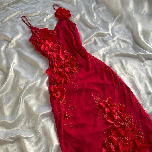 Robe de soirée longue et sexy en mousseline de soie, bretelles spaghetti rouges, fleurs, élégante, moulante, sans manches, robe de bal, robe de soirée nv3261