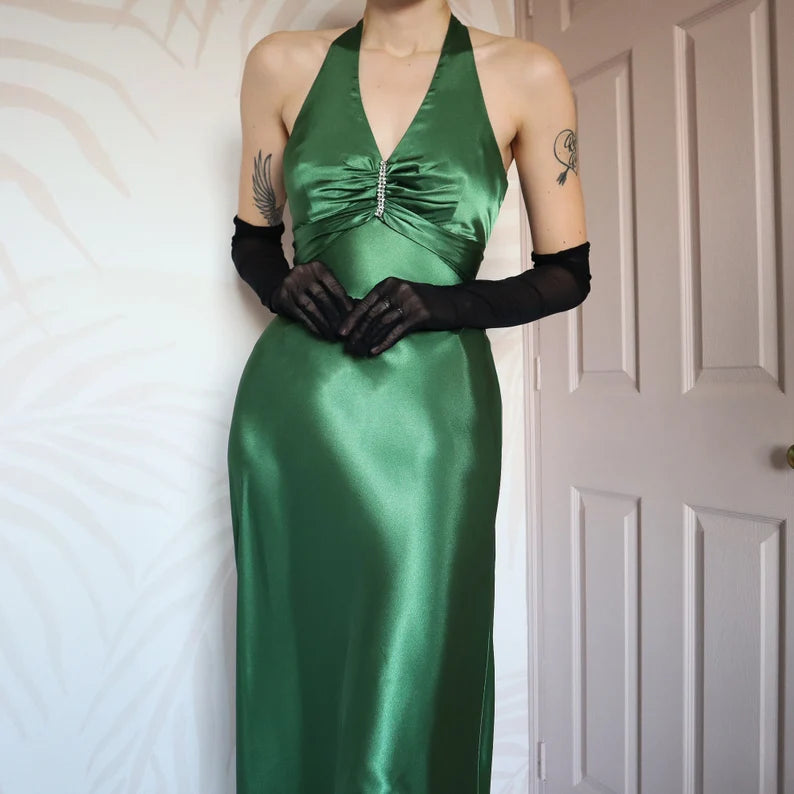 Green retro simple fashion elegant long satin prom dress, evening dress, party dress nv3696